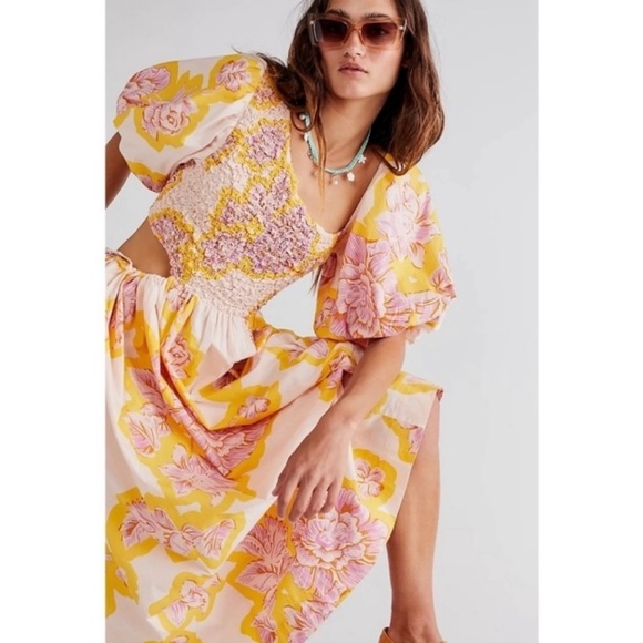 NEW Free People Kalina Printed Floral Cut-out Women Midi Dress Lilac/Yellow - Picture 3 of 10